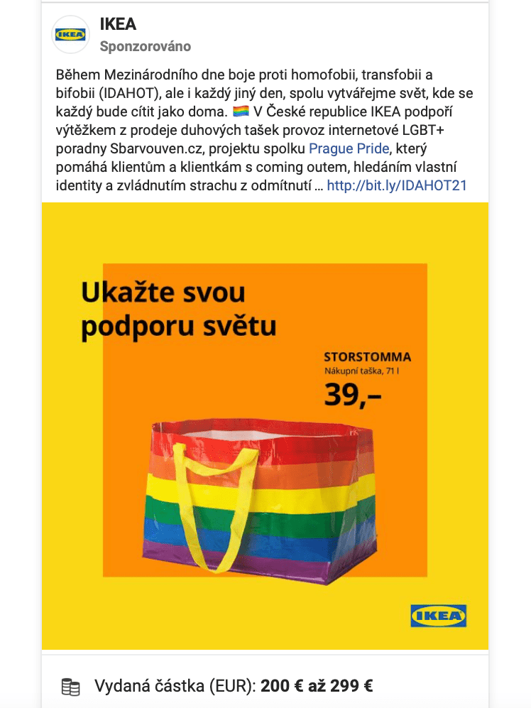 IKEA v rámci své Facebook reklamy pro pro podporu LGBT+ skupiny zvolila delší textaci, což nutně nemusí být na škodu, ale obecně je známo, že lépe fungují kratší a údernější textace.